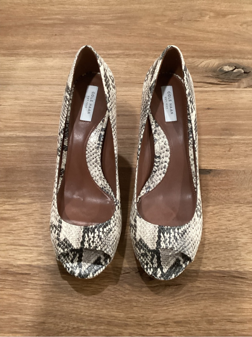 Cole Haan Snake-Print Peep-Toe Heels in Beige and Black